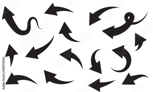 Super set different shape hand drawn arrows. Doodle style curved and squiggly arrows. Illustrations for Web or polygraphy Design.