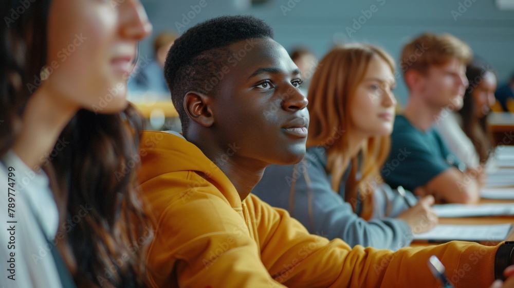 Fototapeta premium Multi-ethnic students in a classroom listening to a lecturer and taking notes. Smart young people studying at college.