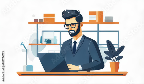 a illustration businessman with laptop, person with laptop, person working on laptop, person working on computer, ai, vector design person with laptop background goods storage shelves