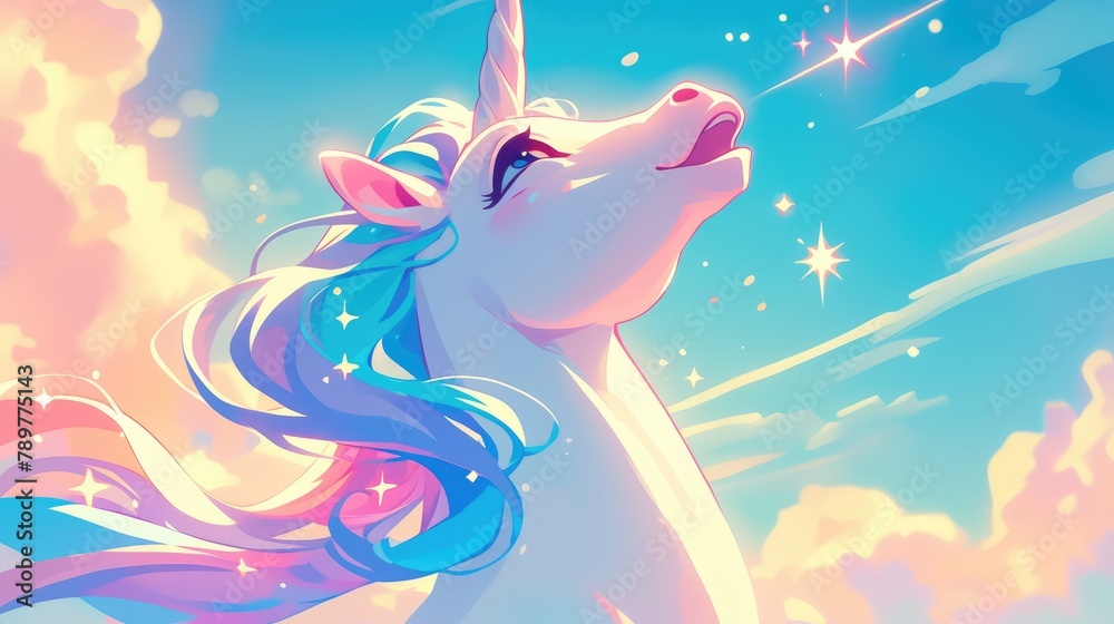 Obraz premium Vibrant cartoon rendering of a playful unicorn