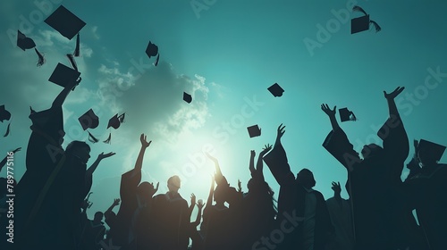 Education and graduation concept - silhouettes of joyful students in gowns tossing mortarboards in the air. photo