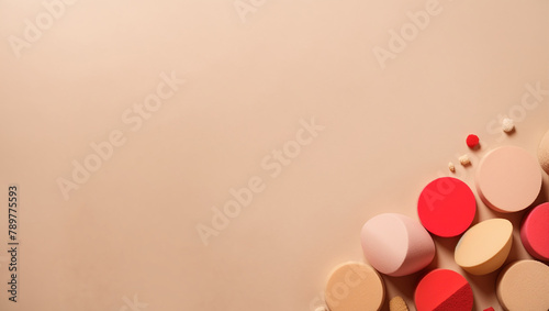 A variety of makeup sponges in pink, beige, and red are arranged on a beige background.

