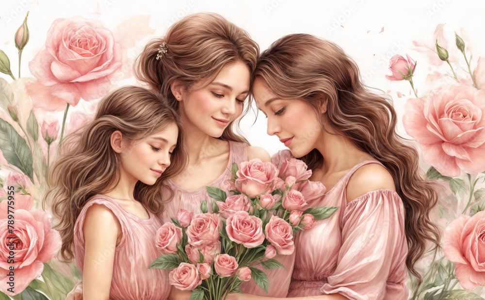 A illustration watercolor painting a mother and a daughter are cuddling while holding flowers. Motherhood, mother's day A illustration watercolor painting a mother and a daughter are cuddling while holding flowers. Motherhood, mother's day