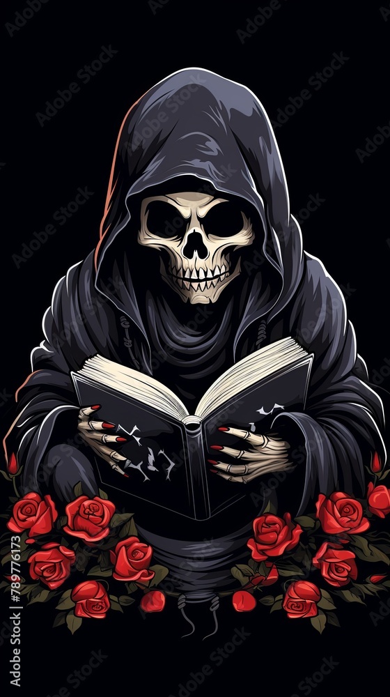 A skeleton wearing a black robe is reading a book. The skeleton is surrounded by red roses. A skeleton wearing a black robe is reading a book. The skeleton is surrounded by red roses.