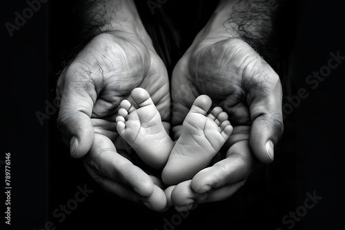 The palms of the father, the mother are holding the foot of the newborn baby. Feet of the newborn on the palms of the parents. Studio macro black and white photo of a child& x27;s toes, heels and feet photo