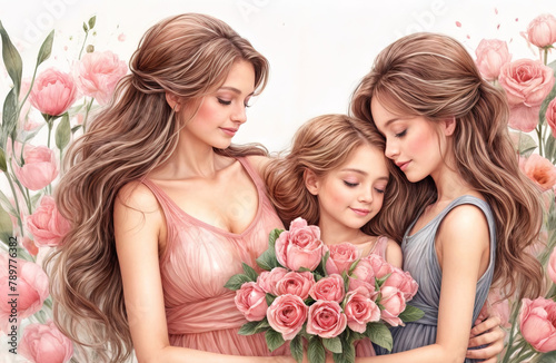 A illustration watercolor painting a mother and a daughter are cuddling while holding flowers. Motherhood, mother's day