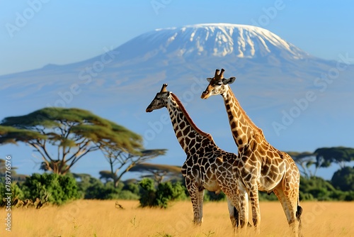 Three giraffe in National park of Kenya. Three giraffe on Kilimanjaro mount background