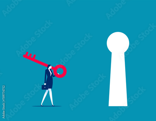 Investor hokding key and walking to unlock keyhole to reach tar get. Goal achievement vector concept