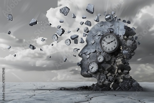 Time and stress and business pressure concept as a group of clock objects destroying cement shaped as a human head as a work fatigue and exhaustion metaphor with 3D illustration elements. .