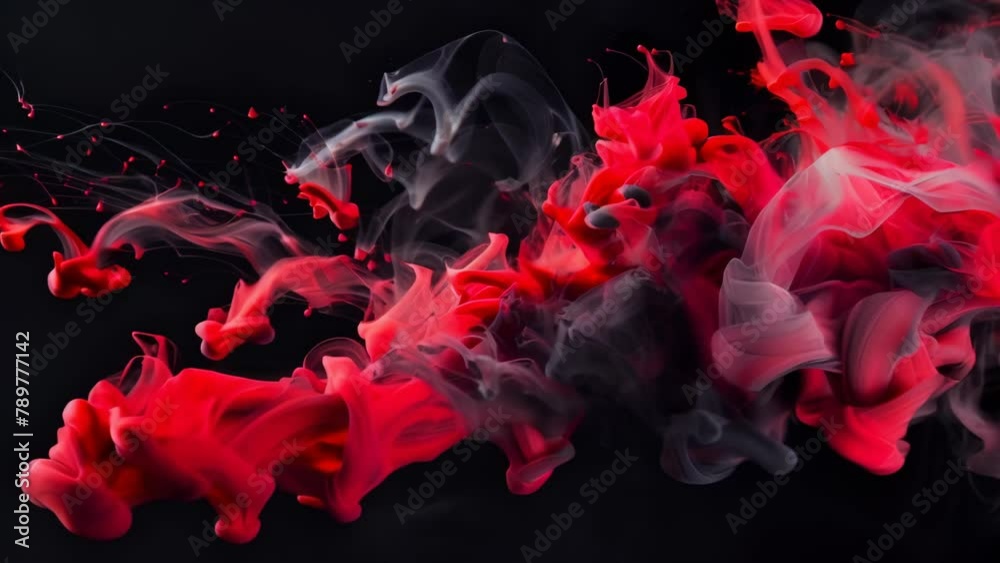 Against a pitch-black background, fiery red and gray smoke swirls as if dancing flames, creating a dynamic, energetic motion. Against a pitch-black background, fiery red and gray smoke swirls as if dancing flames, creating a dynamic, energetic motion.