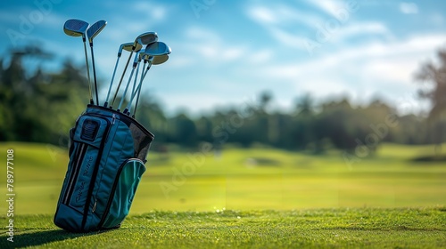 Close shot of golf sticks are packed in a bag with blurry golf field backdrop and big space for text or product advertisement, Generative AI.
