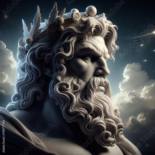 3D illustration of a Renaissance marble statue of Zeus, king of the gods, who was also the god of the sky and thunder, one of the Twelve Olympus in ancient Greek mythology. Statue of greek god. photo