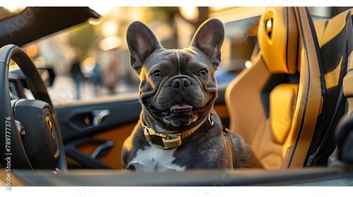 Dog's Luxurious Life. Cool bulldog driving sit on leather seat of luxury model super sports car, wearing expensive collar, city landscape background. Funny pet animal 3d modern trendy digital artwork