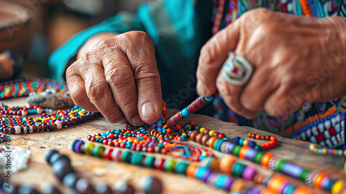 close up hands native american woman bead worker doing project. photo