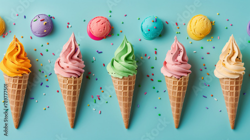 ピンク、緑、水色、青色、黄色のカラフルなコーンの2段ソフトクリーム、アイス、背景ブルー photo