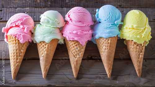 ピンク、緑、水色、青色、黄色のカラフルなコーンの2段ソフトクリーム、アイス、木目の机の上 photo