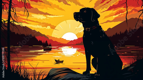 Graphic illustration of a black dog silhouetted by a vibrant sunset over a tranquil mountain lake.
