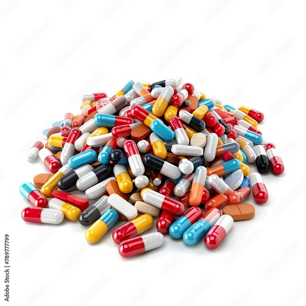 Pile of pills on white background.