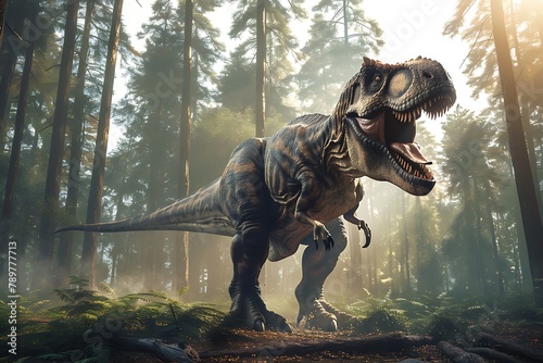 Tyrannosaurus rex scene 3D illustration. Tyrannosaurus rex hunting in forest scene 3D illustration . © crescent