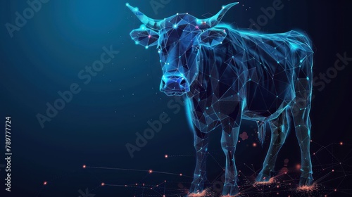 Cow with horns, an farm pet, from futuristic polygonal blue lines and glowing stars for banner, poster, greeting card. AI generated © haizah