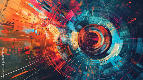 Dynamic abstract composition depicting a high-tech data vortex with vivid colors and futuristic digital elements. 