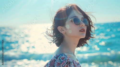 海でサングラスをかけたアジア人女性01 photo