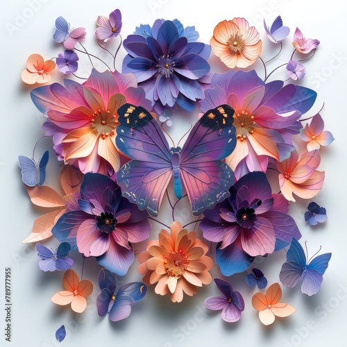 Whimsical paper garden, exquisite butterfly and floral sculptures. crafted with care, illustrating dreams and romance, perfect for banner displays with organic charm