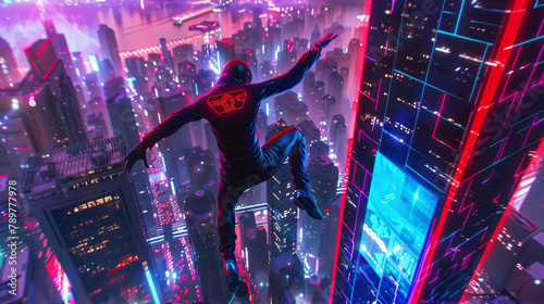 A 3D model of a futuristic athlete performing a gravity-defying jump over a neon-lit cityscape