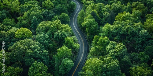 Birds-eye view of green forest below  separated by winding asphalt road. Luxurious aesthetic background. Generative AI