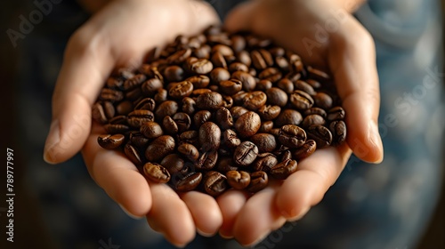 Cupped Hands Brimming with Robust Coffee Beans #AromaticTreasure. Concept Coffee Photography, Close up Shots, Artistic Composition, Warm Tones, Coffee Aesthetics photo