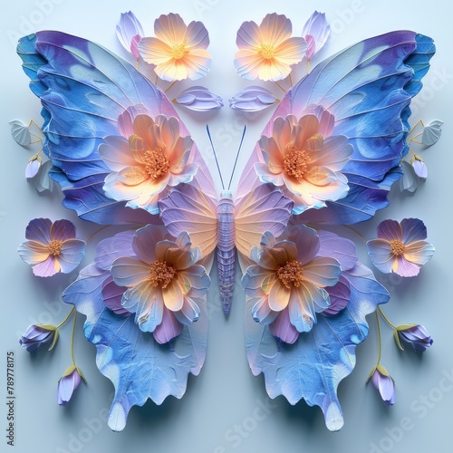 Exquisite craftsmanship: colorful butterfly and flower organic paper sculpture design, an illustration of dreamy romance, perfect for banner, capturing the beauty of nature in intricate detail.