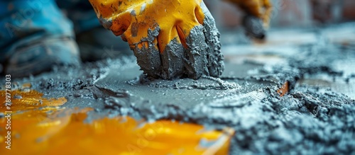An individual wearing a yellow glove is spreading cement on the floor surface photo