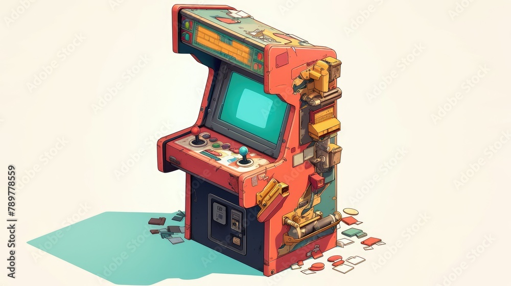 Experience a vibrant isometric 2d illustration of a retro arcade machine complete with a classic game slot display and even a submachine gun all set against a white background This vintage Experience a vibrant isometric 2d illustration of a retro arcade machine complete with a classic game slot display and even a submachine gun all set against a white background This vintage