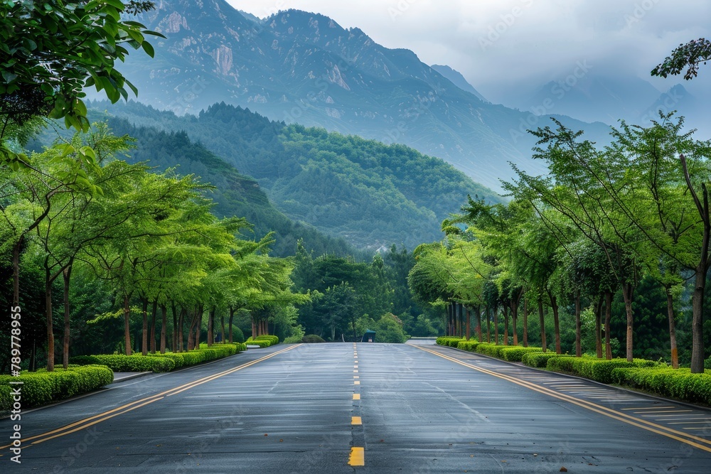 Asphalt road and green forest with mountain nature landscape in Hangzhou, China - generative ai Asphalt road and green forest with mountain nature landscape in Hangzhou, China - generative ai