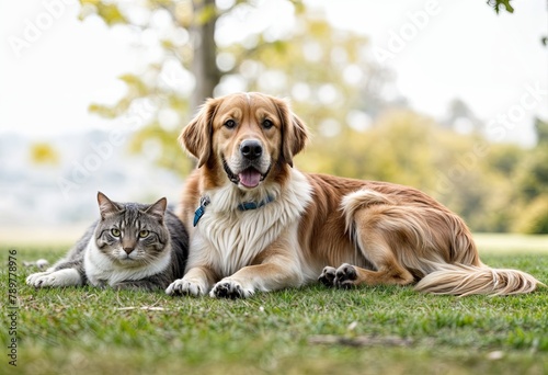Tabby Cat and Toller Dog Meadow Friendship