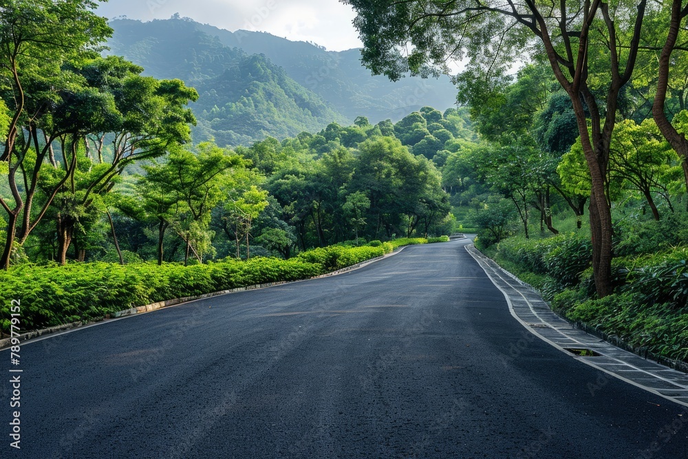 Asphalt road and green forest with mountain nature landscape in Hangzhou, China - generative ai Asphalt road and green forest with mountain nature landscape in Hangzhou, China - generative ai