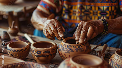 Native American old woman hand painting on pottery