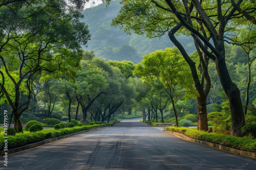 Asphalt road and green forest with mountain nature landscape in Hangzhou, China - generative ai Asphalt road and green forest with mountain nature landscape in Hangzhou, China - generative ai