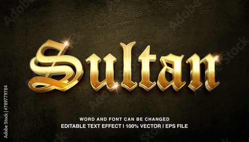 Sultan editable text effect template, golden glossy luxury medieval style typeface, premium vector