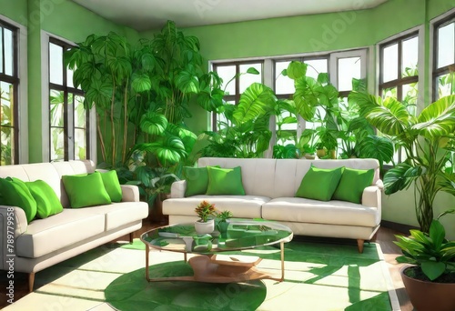 Homey ambiance featuring botanical décor elements, Cozy living space with vibrant green walls, Green-themed living room with indoor plants. © Sunny ART