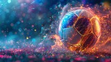 Football over a vigorous, vibrantly colored, digitally generated sport scene comprising neon, electrical discharges, and fire and space, Generative AI.