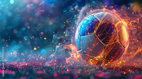 Football over a vigorous, vibrantly colored, digitally generated sport scene comprising neon, electrical discharges, and fire and space, Generative AI. photo