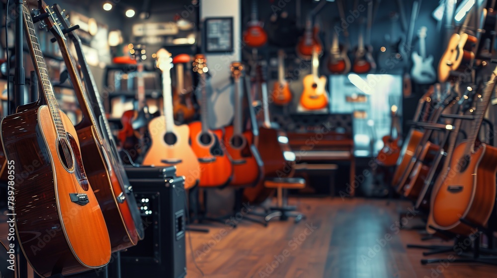 Portrait of a music store with instruments and guitars are displayed under yellow light with a vibrant classic view, Generative AI.
