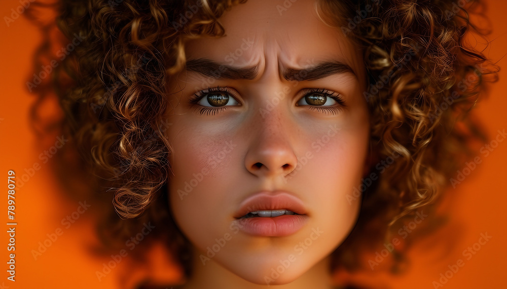 Sadly Angry: Close-Up Portrait of a Young Woman with Curly Hair