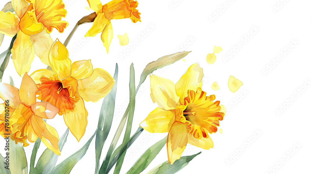 Fototapeta premium close up watercolor arrangements with yellow daffodils flowers on white background with copy space.
