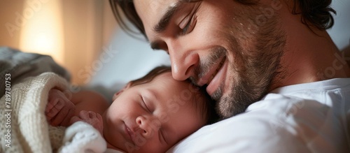 A man holding a baby gently in his arms while both are lying on a bed in a cozy setting
