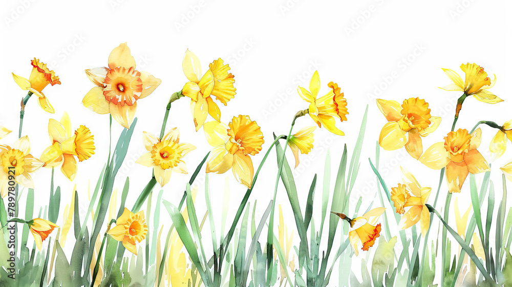 Fototapeta premium Spring and summer Background watercolor arrangements with yellow daffodils flowers field with copy space.