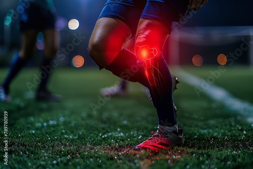 Over a game over stadium grounds, a football player who is hurting from a leg muscle bruise or a red glow injury to their knees and space, Generative AI.