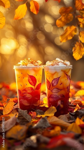 Showcase a rear view displaying the cups transforming from vibrant summer hues to cozy autumn tones Perfect for a seasonal promotional campaign!