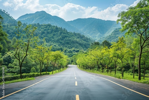 Asphalt road and green forest with mountain nature landscape in Hangzhou, China - generative ai